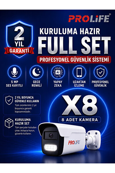 PROLİFE 8 Lİ Sesli Güvenlik Kamerası 5 Mp Gece Renkli Yüz Ve Araç Tanımalı Fu...
