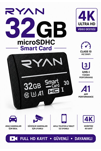 Ryan 32GB Micro SD Hafıza Kartı U3 V30 A1 SDHC 4K Video Destekli Yüksek Hızlı...