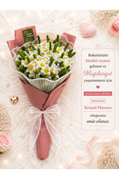 Kristal Flowers El Yapımı Şönil’den Beyaz Papatya Buketi