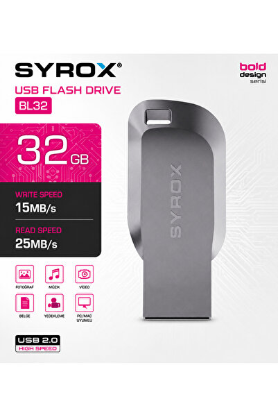 Syrox BL32 32GB USB 2.0 Metal Flash Bellek - 25 MB/s Okuma - 15 MB/s Yazma Hızı