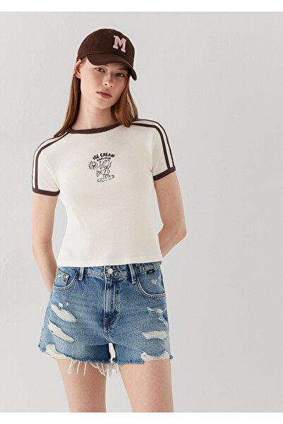 Mavi Piping Detailed Printed Ecru T-Shirt Fitted / Body-Fitting Cut 1614342-8...
