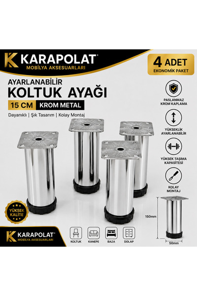 KARAPOLAT Ayarlanabilir 15 cm Mobilya Kanepe Baza Koltuk Metal Destek Yükselt...