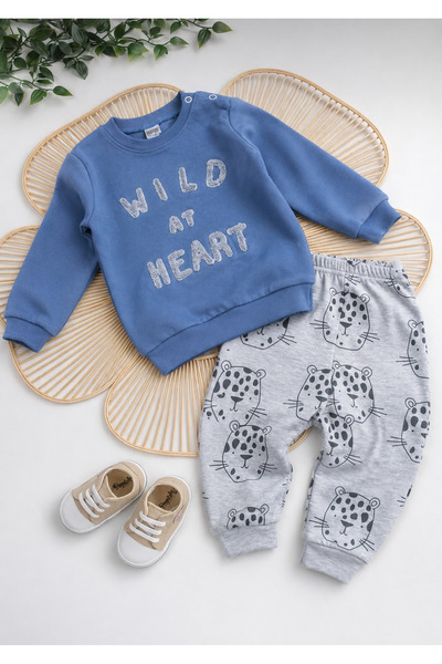 Mou&Kou Wild at Heart Patterned 100% Cotton Combed Cotton Baby Sweatshirt Pan...