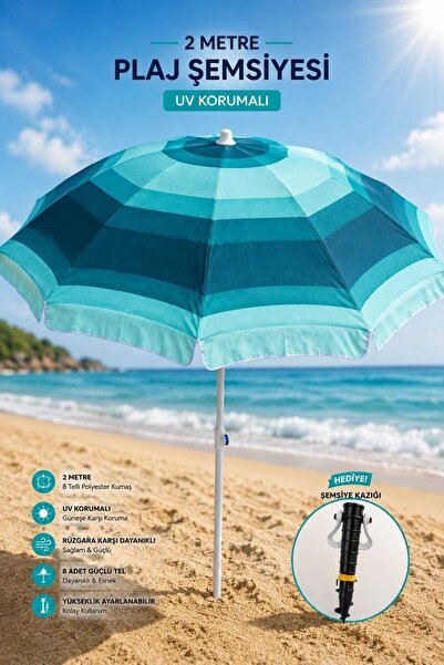 Artı 2 Metre Plaj Şemsiyesi – UV Korumalı 8 Telli Polyester Kumaş, Şemsiye Ka...