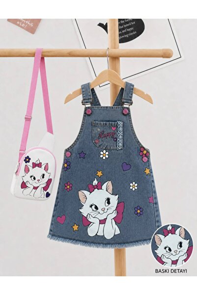 LittleElephant Girl's Cat Printed Denim Gilet Dress and Bag Set 3-8 Years Old