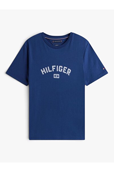 Tommy Hilfiger HILFIGER FLOCK TEE Erkek Mavi T-Shirt - MW0MW39357