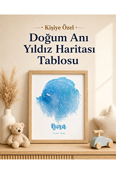 Kişiye Özel Çocuk Yıldız Haritası Tablosu – İsimli Tarihli Çerçeveli Mavi Suluboya Erkek Çocuk Odası Tablosu