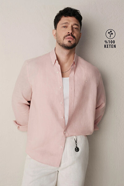 Avva Men's Dark Pink Button-Down Collar 100% Linen Comfort Fit Shirt B002191