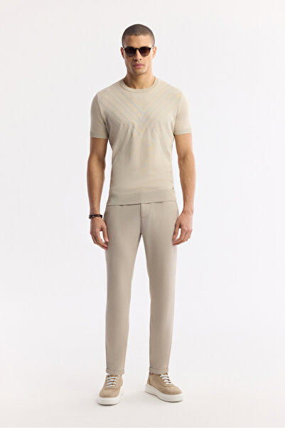 Avva Men's Beige Elastic Waist Bi-Stretch Chino Slim Fit Trousers B003033