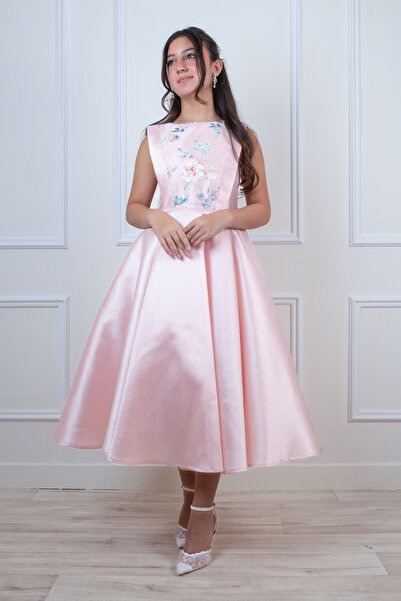 arushi Pink satin dress embroidered with flowers with a midi cut