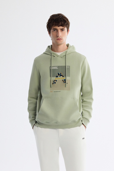 Avva Men's Mint Green Hooded Cotton Printed Elastane Regular Fit Sweatshirt A...