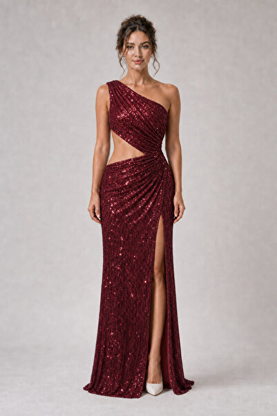 Moon Of Dress Bordo Mavisi Tek Omuz Cut-Out Payetli Balık Uzun Abiye Elbise