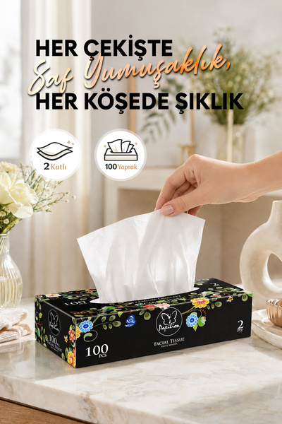 Papilion 100 Yaprak 2 Katlı Premium Kutu Kağıt Mendil Yumuşak Dokulu Yüz Mend...