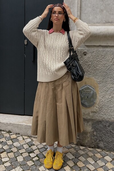Madmext Ecru Crew Neck Braided Knitwear Sweater Mg2336