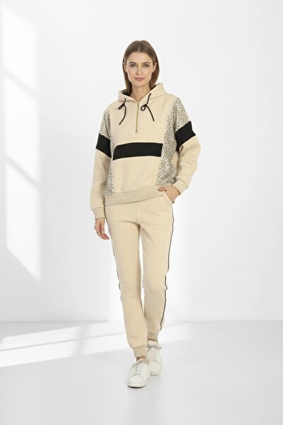 Piyera Women's Beige 3 Thread Zippered Hooded Sequin Sequin Embroidered Elast...