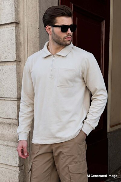 Madmext Beige Polo Collar Zippered Long Sleeve Men's Sweatshirt 7057