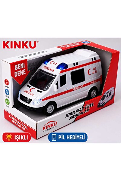 KİNKU Işıklı Sesli Pilli Ambulans - Beyaz Renk