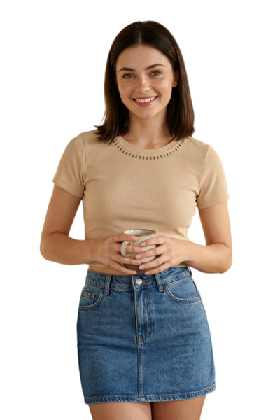 OEM Tricou casual de damă cu dungi și aplicații decorative la guler, A-29