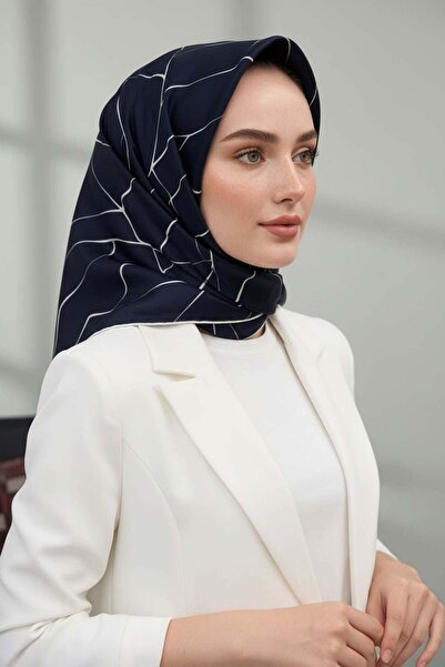 Vissona 100% حرير تويل منقوش باللون الأزرق الداكن - وشاح بلون كريمي 90x90 شكل...