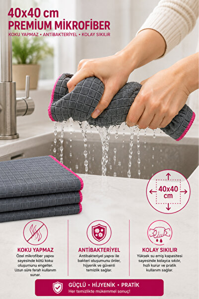 SİLVER HOME Premium Çamaşır Suyuna Dayanıklı Mikrofiber Mutfak Temizlik Bezi 3'lü Set 40x40 cm Çok Amaçlı Süper Emici Gri