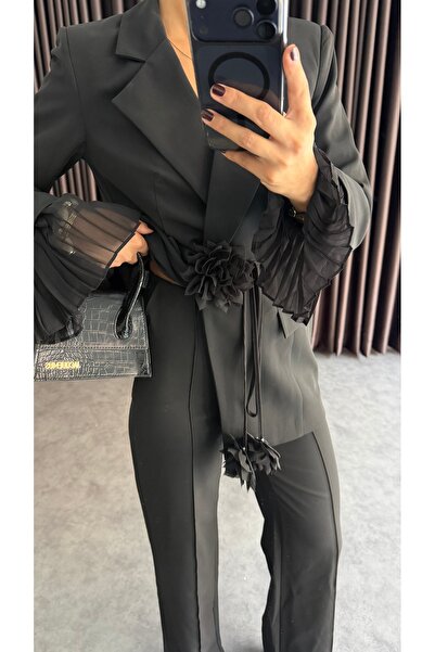 ZF BUTİK Women's Suit with Rose Accessory Detail in Black