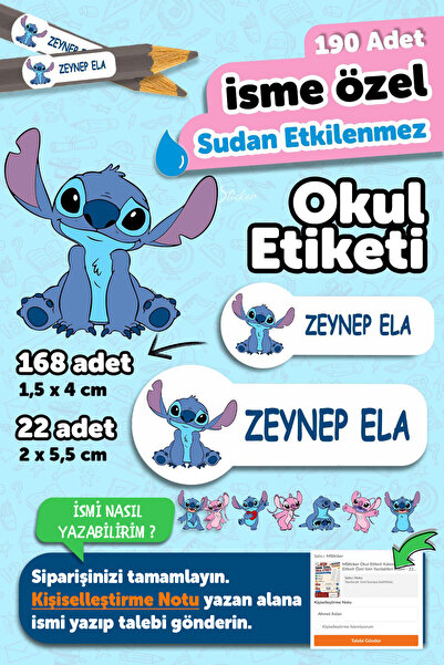 MSticker Okul Etiketi Kalem Defter isimli Etiket Isim Yazılabilen Stitch - 19...