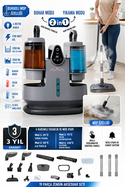 mogo tech MG-201 Premium - Sesli Komutlu Buharlı Temizlik Makinesi Mop Başlık...