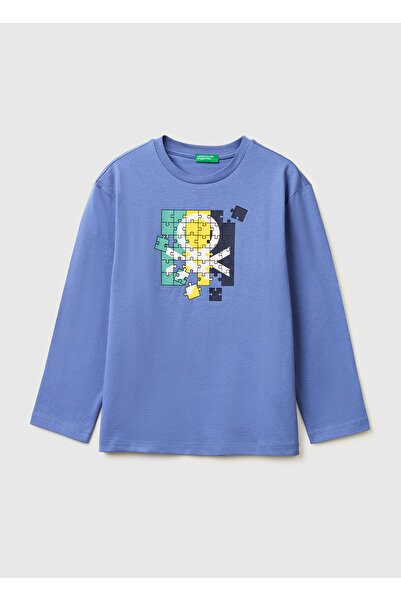 United Colors of Benetton تي شيرت للأولاد برقبة دائرية وأكمام طويلة مطبوع علي...