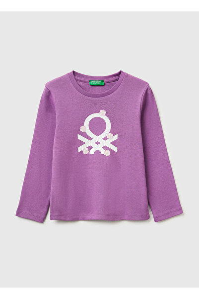 United Colors of Benetton تي شيرت بناتي بأكمام طويلة وياقة دائرية وطباعة جراف...