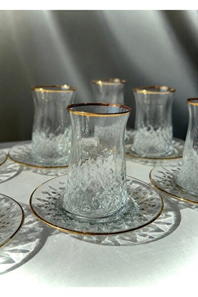 Şahika Kristal cama atılan imza Lara Gold 12 Parça Çay Seti 170ml