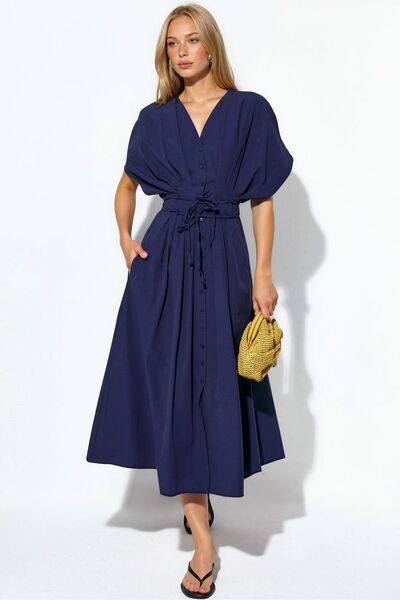 Hiccup Busem V-Neck Midi Shirt Dress