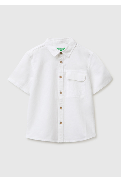 United Colors of Benetton Boy's White Logo Embroidered Short Sleeve Shirt wit...