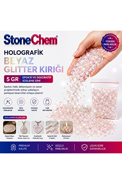 stonechem Holografik Beyaz Glitter Kırığı 5 gr Epoksi ve Dekoratif Süsleme Simi