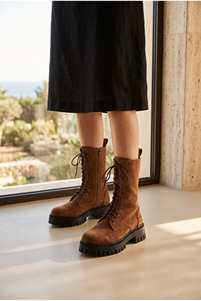 LUNA SHOES Hakiki Deri Taba Süet Uzun Bağcıklı Kadın Bot – Trend Kalın Taban ...