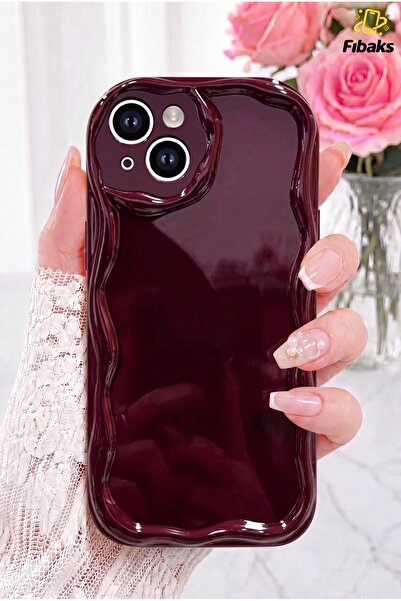 Fibaks iPhone 15 Kılıf Kamera Korumalı Dalga Kenarlı Darbe Emici Bordo Siliko...