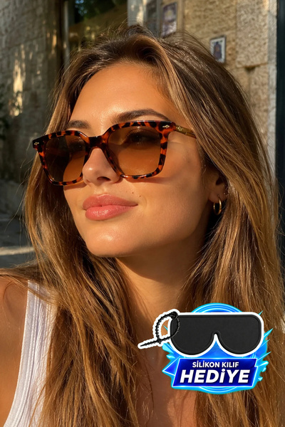 MİLANO KORS Women's Brown Glass Leopard Frame Gold Handle Detailed Sunglasses