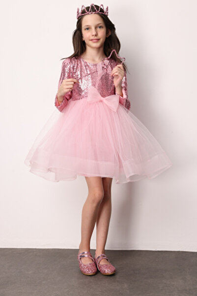 Le Mabelle Pink Sequin Textured Bow Detailed Girl's Dress - Irene