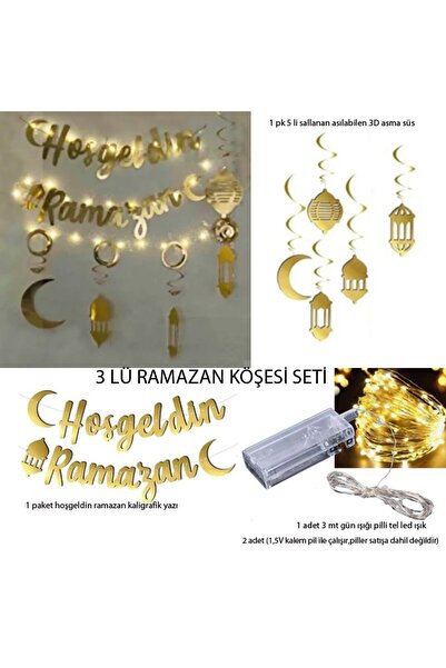 partidolu Gün Işığı Pilli Led Ramazan Yazısı ve 5 Adet Sarkıt Süs Ramazan Köş...