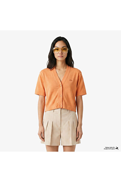 Lacoste Kadın Relaxed Fit Kısa Kollu V Yaka Keten Turuncu Hırka