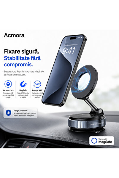 Acmora Suport Telefon Auto Premium MagSafe, Prindere Magnetica si Fixare prin...