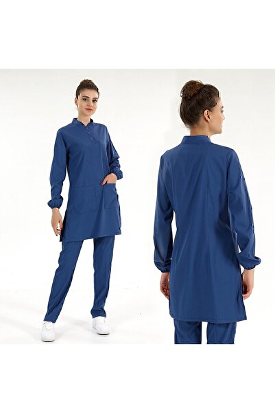 ÇİZGİ MEDİKAL Petrol Blue Tesettür Hakim Collar Doctor Nurse Medical Scrubs S...