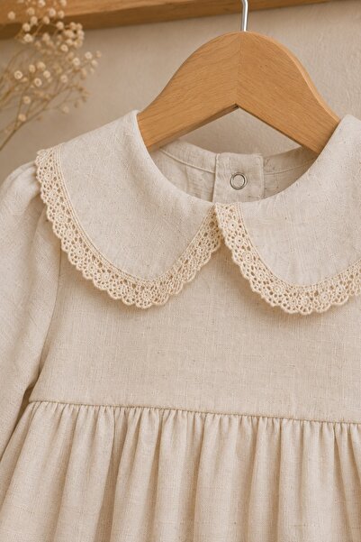 Mnk Baby&Kids Kız Bebek %100 Pamuk Bebe Yaka Uzun Kollu Müslin Elbise M00851 EKRU