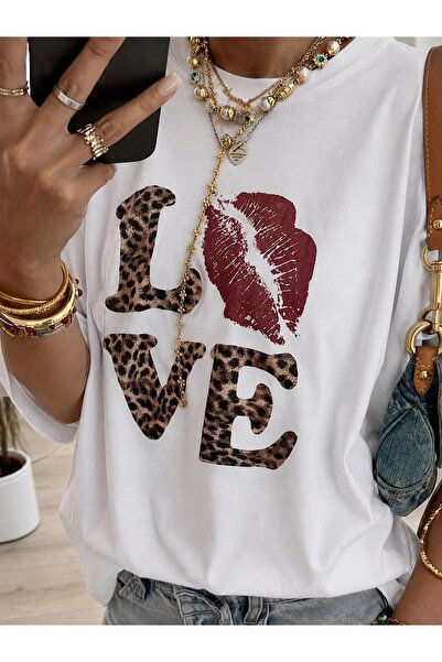 chaygoy Kadın Relaxed Fit Beyaz Tişört Leopard Love Ön Baskılı %100 Pamuk
