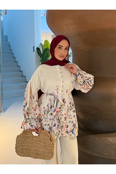 MODA S&S BZLİNE Floral desen dijital baskılı prenses kol gömlek