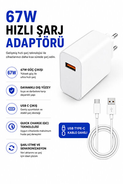 67W Hızlı Şarj Aleti Adaptör USB Type-C Kablo Dahil