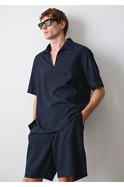 Mavi Linen Blend Navy Blue Polo Neck T-Shirt Loose Fit / Comfortable Loose Cu...