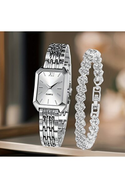 Choice4 Silver White Kit 2PCS/Set Fashion Rectangle Women Quartz Watch Ladies...