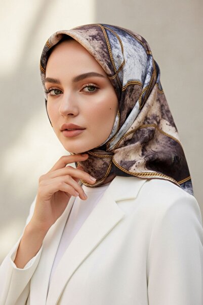 Vissona % 57 İPEK % 43 VİSKON Twill İpek Zincirli Mermer Desenli Bej - Gri Re...