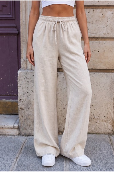 alanora Beli Linen Blend Summer Palazzo Trousers with Rubber Detail