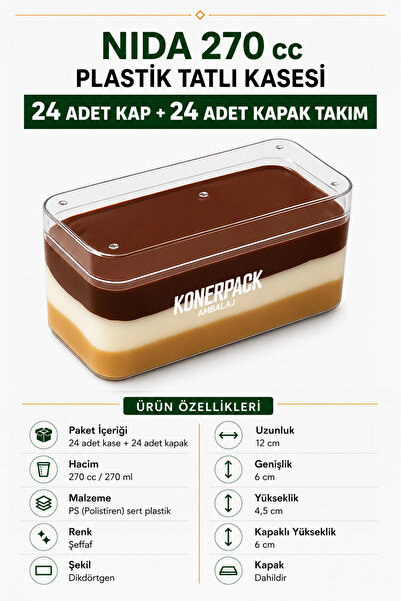 KONERPACK Tiramisu Cup Nida270cc 24 Adet Kapaklı Sert Plastik Şeffaf Renk